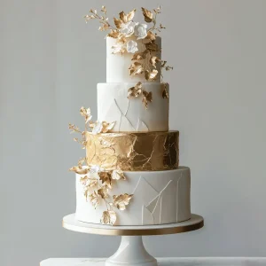 Elegant four-tier wedding cake with golden leaves and white sugar flowers on white and gold tiers