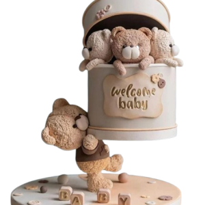 Custom teddy bear cake with 3D teddy toppers, baby blocks, and welcome baby theme in soft beige and brown